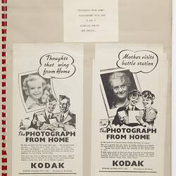 Scrapbook Page- Kodak (Australasia) Pty Ltd, Advertising Clippings, 'Wartime Advertisements from 1940-1945', Abbotsford, circa 1940s