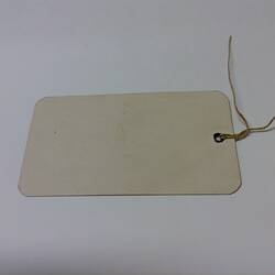 Back of white cardboard luggage tag with string.