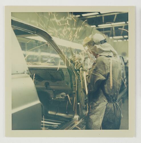 Slide 99, Worker Welding Car Body, Ford Motor Company Factory, Campbellfield, 'Extra Prints of Coburg Lecture' album, circa 1960s