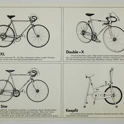 Four black printed illustrations of bicycles. Text below each.