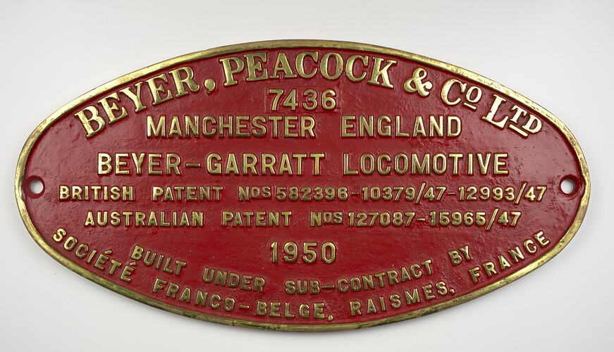 Locomotive Builders Plate - Beyer Peacock & Co. Ltd., Under Sub-Contract by Société Franco-Belge, France, 1950