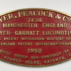 Locomotive Builders Plate - Beyer Peacock & Co. Ltd. & Société Franco-Belge, France, 1950