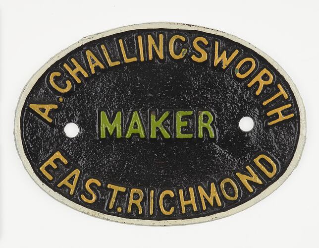 Locomotive Plate - A. Challingsworth, Maker, East Richmond