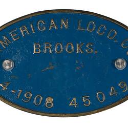 Locomotive Builders Plate - American Locomotive Co., Brooks Works, Dunkirk, 1908