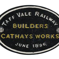 Locomotive Builders Plate - Taff Vale Railway, Cardiff, Wales, 1896