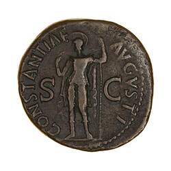 Round coin, aged, helmeted figure facing left, left hand holding spear.