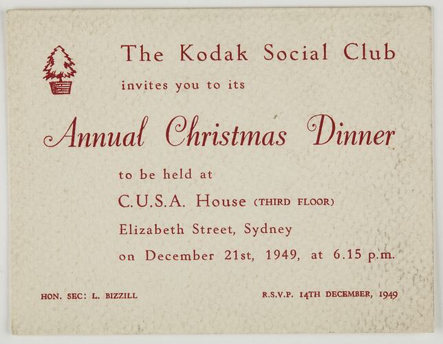 Invitation - Kodak Australasia Pty Ltd, 'Annual Christmas Dinner', Sydney, 21 Dec 1949