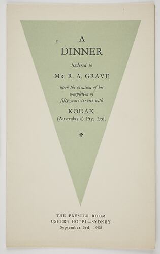 Programme - Kodak Australasia Pty Ltd, Mr R.A. Grave 50 Years Service Dinner, Sydney, 03 Sep 1958, Page 1