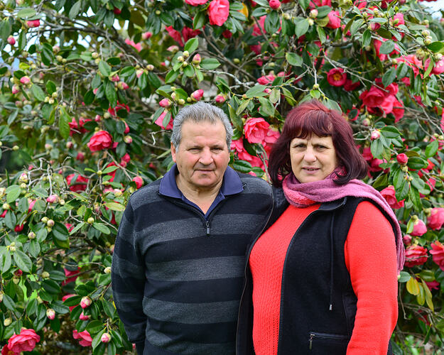 Man and a woman standing together in front of a flowering tree.