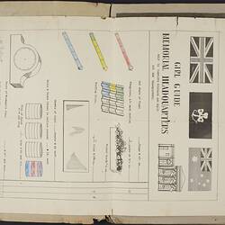 Sheet with black and white printed flags, text and diagrams.