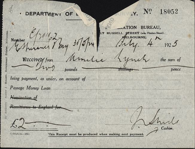 Receipt - Loan Repayment, Department of Lands and Survey, Immigration Bureau, Melbourne 4 Jul 1925