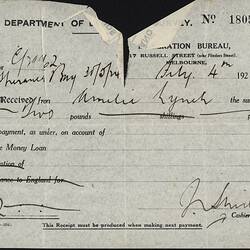 Receipt - Loan Repayment, Amelia Lynch, Department of Lands and Survey, Immigration Bureau, Melbourne 4 Jul 1925