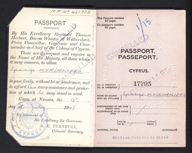 Open passport with two white pages with printed pattern. Printed and handwritten text.