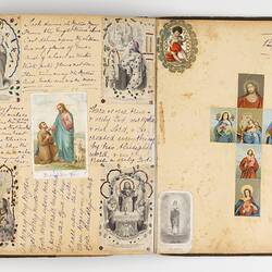 Open scrapbook showing 2 pages of inscriptions and illustrations of Jesus Christ.