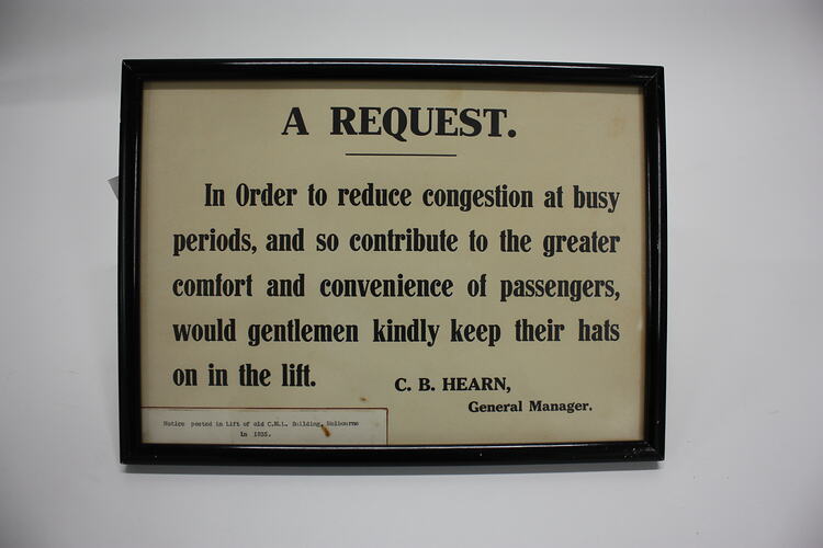 Sign - Keep Hats on in Lift, Colonial Mutual Life Building, Framed, circa 1935