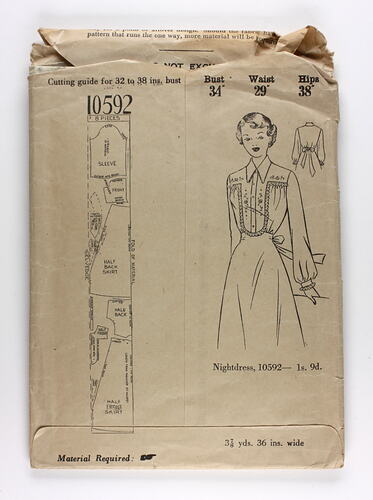 Front of dress pattern envelope with woman in nightdress.