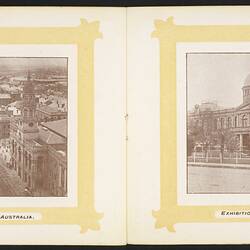 Open booklet, off-white pages. Yellow framed city view on left page and domed building on right page.