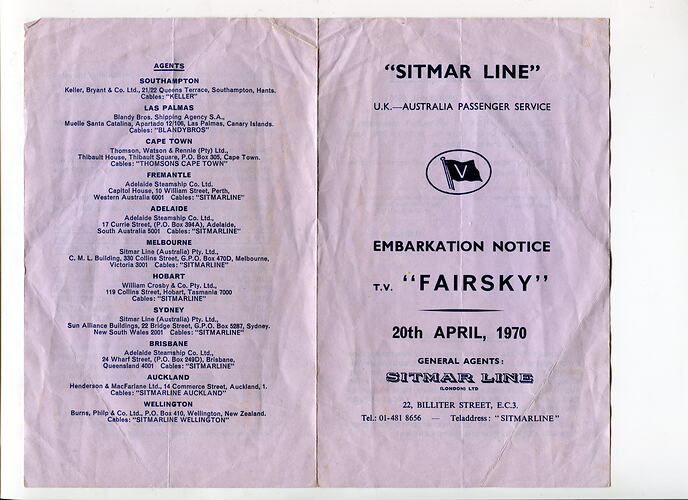 Booklet - Embarkation Notice, Sylvia Boyes & Lindsay Motherwell, Sitmar Line, 20 Apr 1970