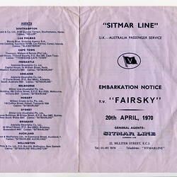 Booklet - Embarkation Notice, Sylvia Boyes & Lindsay Motherwell, Sitmar Line, 20 Apr 1970