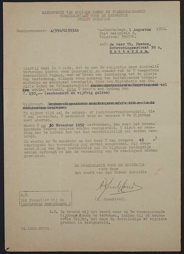 Instruction Sheet - Passage & Baggage Costs, Immigration Bureau, The Netherlands, 1 Aug, 1952