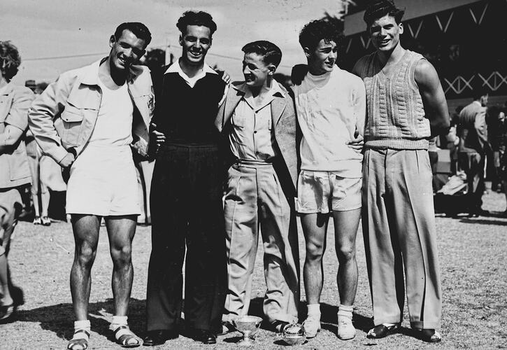 SUNSHINE REVIEW, MARCH 1949: THESE YOUNG MEN WERE SUCCESSFUL IN THE MAIN SPRINT EVENTS. LEFT TO RIGHT, ERIC WILCOX, NOEL CARTWRIGHT, JOHNNY ELLIOT, BILL LAITY AND CLIFF POOLE.