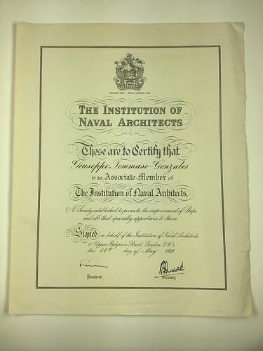 HT 56147, Membership Certificate - Giuseppe Gonzales, Institution of Naval Architects, London, 14 May 1959 (MIGRATION), Document, Registered