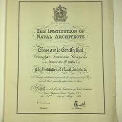 Membership Certificate - Giuseppe Gonzales, Institution of Naval Architects, London, 14 May 1959