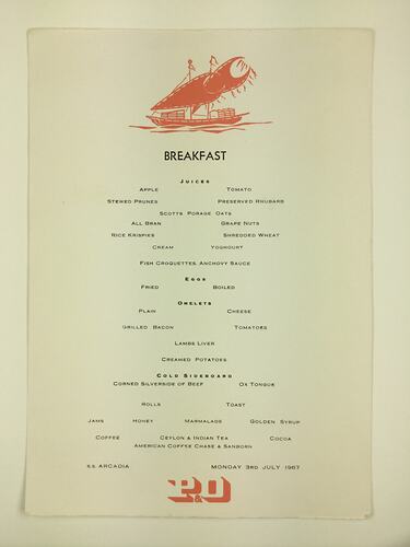 HT 54803, Menu - Breakfast, SS Arcadia, 3 Jul 1967 (MIGRATION), Document, Registered