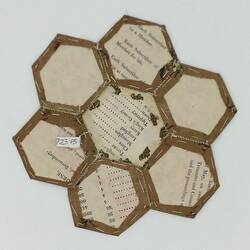 Hexagonal printed card backing for coloured fabric patches that are stitched together.