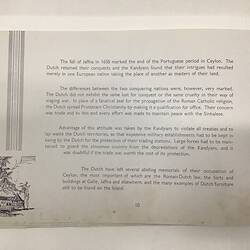 White page with dark blue text. Sketch of tree over building at lower left.