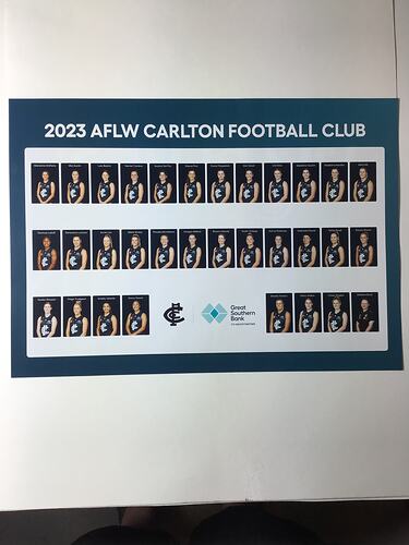 White poster featuring 31 portraits of female footballers. Male portrait at lower right. Blue and white text.
