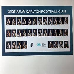 White poster featuring 31 portraits of female footballers. Male portrait at lower right. Blue and white text.