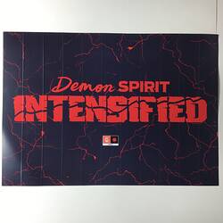 Blue placard with printed red details and text.