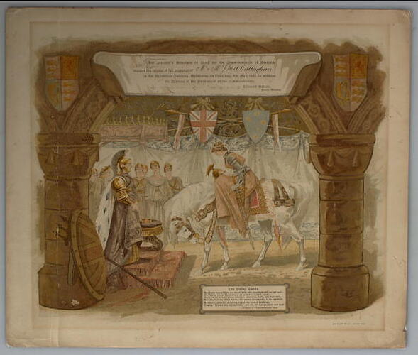 Female dismounts white horse before female military figure. Archway frames heraldic scene.