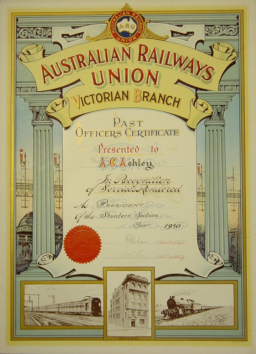 Past Officers Certificate Presented To A C Ashley Australian Railways Union Victorian Branch 1930