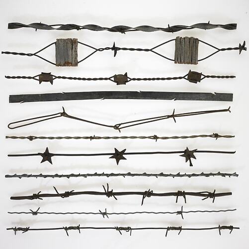 Eleven different samples of metal barbed wire.
