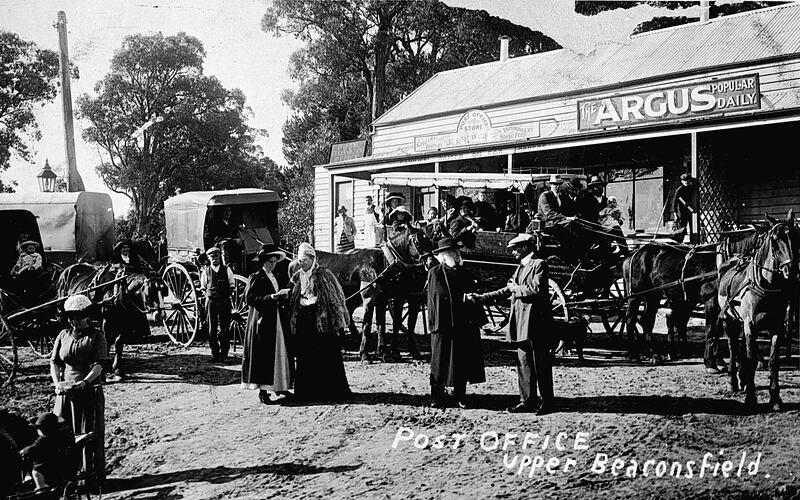Negative - Mrs E. Shorthouse's Passenger Coach, Outside Post Office & General Store, Beaconsfield Upper, Victoria, circa 1910