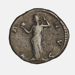 Roughly round silver coin. Draped female standing facing left holding an apple in her right hand. Text around.