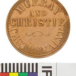 Token - 1 Penny, Murray & Christie, Grocers, Ironmongers & Produce Merchants, Castlemaine, Victoria, Australia, 1862