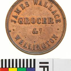 Token - 1 Penny, James Wallace, Grocer, Wellington, New Zealand, 1859