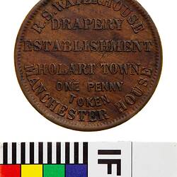 Token - 1 Penny, R.S. Waterhouse, Baby Linen Warehouse, Hobart, Tasmania, Australia, circa 1858