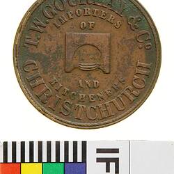 Token - 1 Penny, T.W. Courlay & Co, Ironmongers, Christchurch, New Zealand, circa 1864