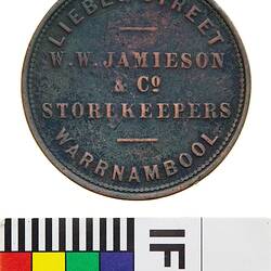Token - 1 Penny, W.W. Jamieson & Co, Ironmonger, Warrnambool, Victoria, Australia, 1862