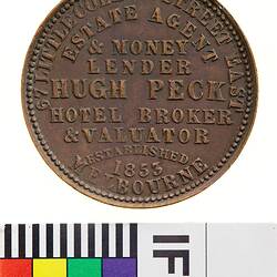 Token - 1 Penny, Hugh Peck, Estate Agent & Money Lender, Melbourne, Victoria, Australia, circa 1862
