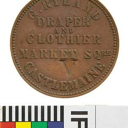 Surcharged Token - 'V' on 1 Penny, G. Ryland, Draper & Clothier, Castlemaine, Victoria, Australia, 1862