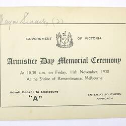 Ticket - Armistice Day Memorial Ceremony, Issued to Major Siddeley, 11 Nov 1938
