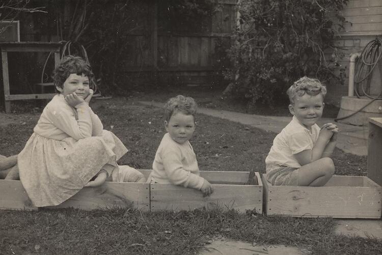 Digital Photograph - Children Playing 'Trains' with Wooden Boxes, Backyard, Highett, 1968