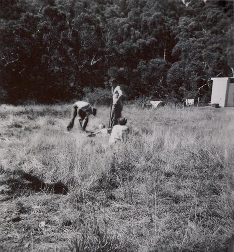 Digital Photograph - Two Men Levelling Site to Erect Builder's Shed, & 'Dunny' Toilet, House Building Site, Greensborough, circa 1958