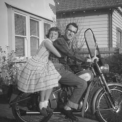 Digital Photograph - Man Sitting on Motorbike while Woman Sits Behind, Yarraville, circa 1958