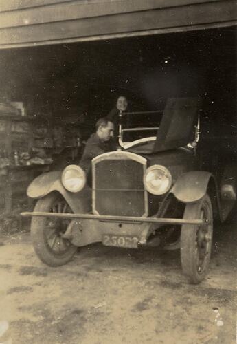 Digital Photograph - Man & Woman in Workshop with Ford Cleveland Car, Essendon, 1922-1923